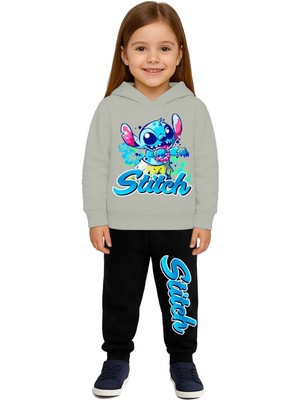 Sedirli Stich Baskılı Çocuk Eşofman Takımı 3 Iplik Şardonlu Pamuklu Kumaş Kapüşonlu