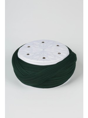 Sarıkhane Çocuk Talebe Sarığı - Yeşil Kumaş - Beyaz Takke - Çapraz Sarım - Kuş Gözü - 6 Metre