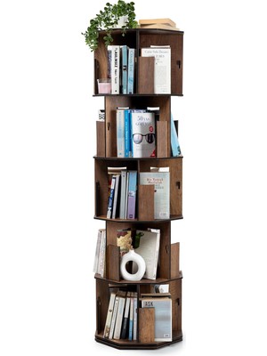 Wishora Store Wood 360° Döner Kitaplık – Modern ve Dekoratif Çok Katmanlı Ahşap Kitap ve Dergi Rafı (Ceviz, 5 Raflı)