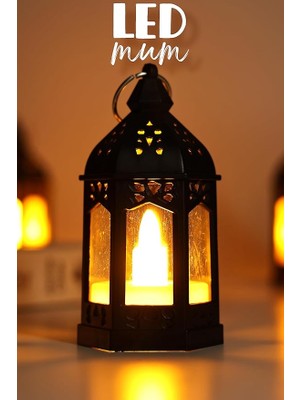 Wishora Store Mum Retro Sokak Lambası Tip Dumansız Pilli Alevli Dekoratif Yapay Mum Işıldak Siyah 1036-5