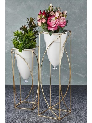 Wishora Store 2'li Gold Ayaklı Dekoratif Beyaz Saksı
