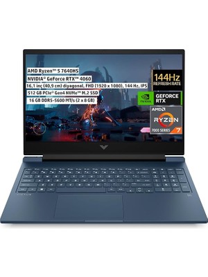 Wishora Store Victus Gaming Dizüstü Bilgisayar, 16,1 Inç 144 Hz Fhd Ips, Amd Ryzen 5 7640HS, 16GB Ram, Nvıdıa Geforce Rtx 4060 Dlss 3, 512 GB Ssd, Freedos, Performans Mavi, 7Z590EA