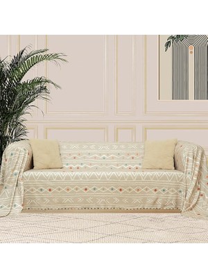 Wishora Store Concept Softmicro Boho Etnik Desenli Mikrofiber Koltuk Örtüsü ve Şalı, Kaymaz Bej 180X300 cm