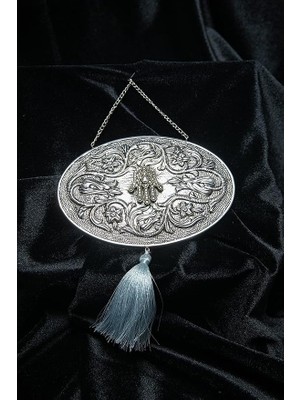 Wishora Store DESIGN.925 Ayar Gümüş El Yapımı Duvar Aynası, Gri Püsküllü Fatma'nın Eli Motifli