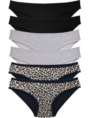 Marsilyan 6 Adet Likralı Kadın Slip Külot Leopar Siyah Gri