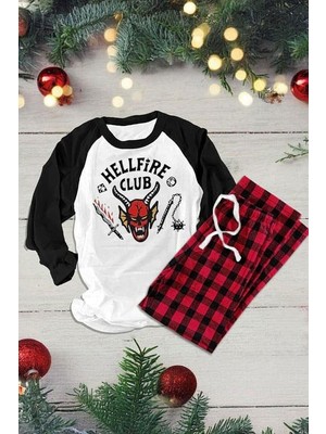 8line Beyaz Stranger Things Raglan Siyah Kollu Kırmızı Ekoseli Unisex Pijama Takımı