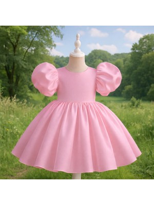 Musgem Özel Tasarım Pembe Renk Balon Kol Fiyonk Detaylı Kız Çocuk Abiye Elbise