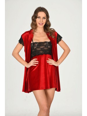 Sistina Ozlstor Kırmızı Kadife Sabahlık & Gecelik Takım 2' Li - 1428 - Beden S/m