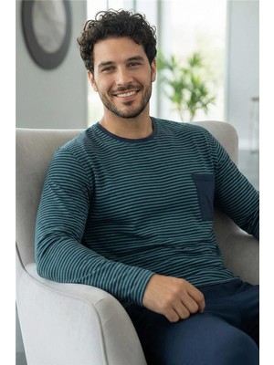 Lacivert Yeşil Çizgi Desenli Stylish Erkek Uzun Kol Pijama Takımı