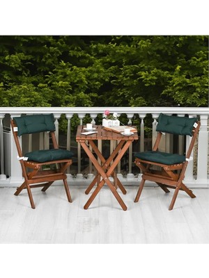 Wishora Store Ahşap 3'lü Bistro Set, Katlanır Minderli Masa Sandalye Takımı, Balkon Bahçe Mobilyası, Ceviz-Yeşil