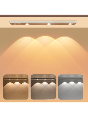 Wishora Store 3 Led'li Şarjlı Dolap Altı Aydınlatma, Hareket Sensörlü, 3 Modlu, Yapışkanlı, Delme Gerektirmez, Slim Beyaz Kasa, Dekoratif, Kısılabilir Gece Lambası, Gardırop, Dolap, Merdiven Lambası 40 cm