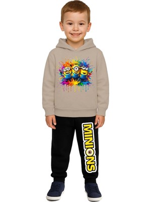 Sedirli Mınıons Baskılı Çocuk Eşofman Takımı 3 Iplik Şardonlu Pamuklu Kumaş Kapüşonlu