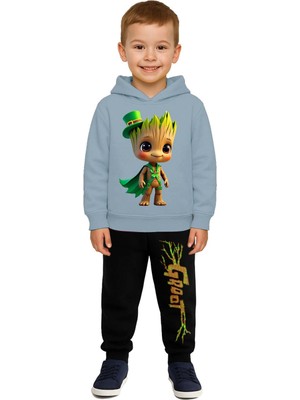 Sedirli Groot  Baskılı Çocuk Eşofman Takımı 3 Iplik Şardonlu Pamuklu Kumaş Kapüşonlu