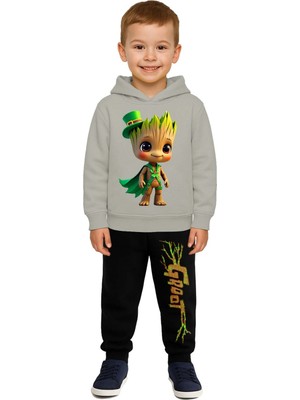 Sedirli Groot  Baskılı Çocuk Eşofman Takımı 3 Iplik Şardonlu Pamuklu Kumaş Kapüşonlu