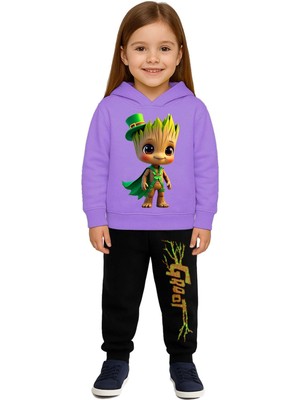 Sedirli Groot  Baskılı Çocuk Eşofman Takımı 3 Iplik Şardonlu Pamuklu Kumaş Kapüşonlu