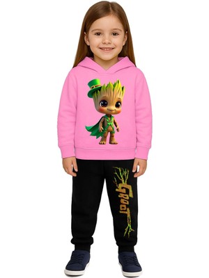 Sedirli Groot  Baskılı Çocuk Eşofman Takımı 3 Iplik Şardonlu Pamuklu Kumaş Kapüşonlu