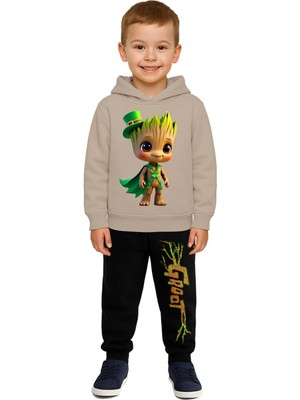 Sedirli Groot  Baskılı Çocuk Eşofman Takımı 3 Iplik Şardonlu Pamuklu Kumaş Kapüşonlu