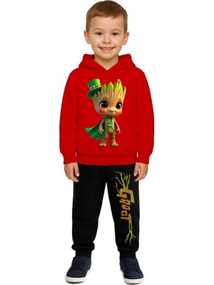 Sedirli Groot  Baskılı Çocuk Eşofman Takımı 3 Iplik Şardonlu Pamuklu Kumaş Kapüşonlu