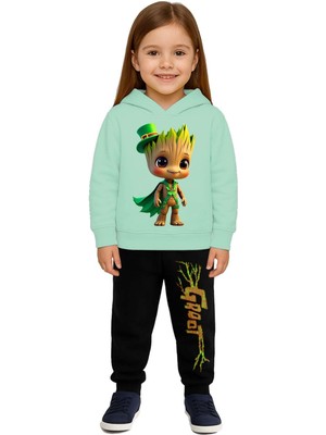 Sedirli Groot  Baskılı Çocuk Eşofman Takımı 3 Iplik Şardonlu Pamuklu Kumaş Kapüşonlu