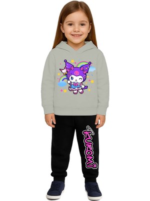 Sedirli Kuromi Baskılı Çocuk Eşofman Takımı 3 Iplik Şardonlu Pamuklu Kumaş Kapüşonlu