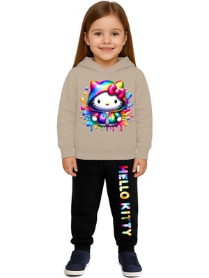 Sedirli Hello Kity Baskılı Çocuk Eşofman Takımı 3 Iplik Şardonlu Pamuklu Kumaş Kapüşonlu
