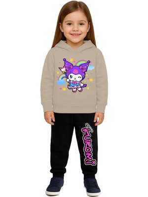 Sedirli Kuromi Baskılı Çocuk Eşofman Takımı 3 Iplik Şardonlu Pamuklu Kumaş Kapüşonlu