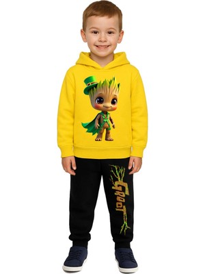 Sedirli Groot  Baskılı Çocuk Eşofman Takımı 3 Iplik Şardonlu Pamuklu Kumaş Kapüşonlu