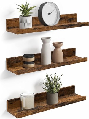 Wishora Store Duvar Rafları, 3'lü Set, Yüzer Raflar, Uzunluk 38 Cm, Dekoratif Öğeler, Baharat Kavanozları ve Resim Çerçeveleri Için Yükseltilmiş Ön Kenar, Eski Kahverengi LWS037X01