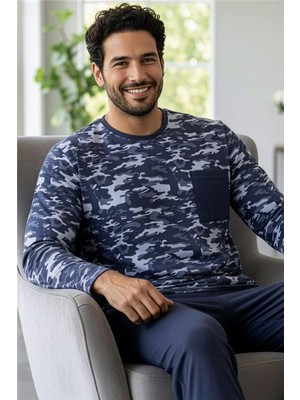 Füme Kamuflaj Desenli Stylish Erkek Uzun Kol Pijama Takımı