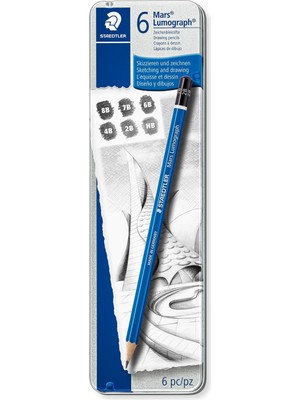 Wishora Store 100 G6 Mars Lumograph Kursun Kalem 6'lı Metal Kutuda 8b, 7b, 6b, 4b, 2b, Hb