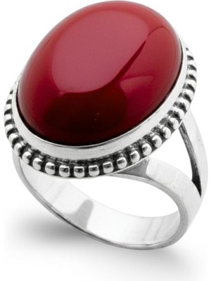 Oya Silver Iri Oval Doğal Kök Mercan Taşlı Kadın Gümüş Yüzük [OYSY041]