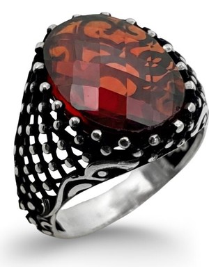 Oya Silver Oval Kesme Lal Taşlı Gümüş Erkek Yüzük [OYSY034]