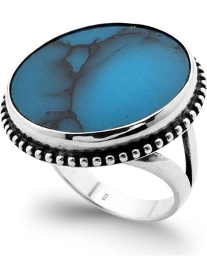 Oya Silver Iri Yuvarlak Doğal Firuze Taşlı Gümüş Kadın Yüzük [OYSY037]