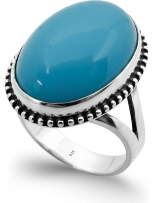 Oya Silver Iri Oval Doğal Mavi Akik Taşlı Kadın Gümüş Yüzük [OYSY039]