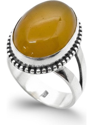 Oya Silver Iri Oval Doğal Sarı Akik Taşlı Kadın Gümüş Yüzük [OYSY040]