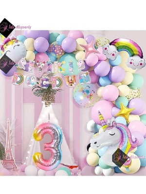 Wishora Store 3 Yaş Karakterli Unicorn Temalı Iyi Ki Doğdun Makaron Balon Doğum Günü Parti Kutlama Seti BMCNM342