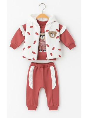 Selvira %100 Pamuklu 3’lü Bebek Takım | Nakışlı Sweat, Pantolon ve Kapüşonlu Yelek