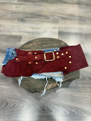 Yılday Gür Butik Wild Merlot Nubuk & Denim El Yapımı Hakiki Deri Kemer – Gold Detaylı
