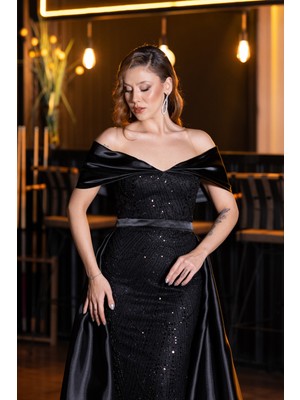 Abiyefon Saten Kayık Yaka Uzun Boncuklu Abiye Elbise ABU5400