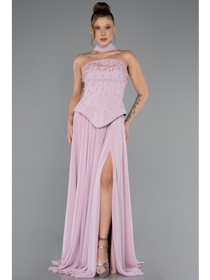 Abiyefon Taşlı Straplez Peplum Yırtmaçlı Uzun Şifon Abiye ABU5420