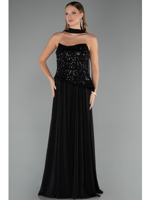 Abiyefon Pullu Straplez Yaka Uzun Şifon Abiye Elbise ABU5486