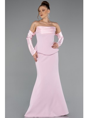 Abiyefon Straplez Peplum Kesim Eldivenli Uzun Abiye ABU5421