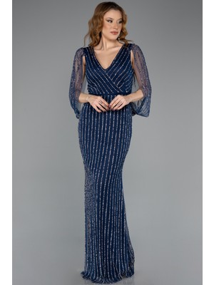 Abiyefon Pelerin Kollu Taşlı V Yaka Uzun Abiye Elbise ABU5475