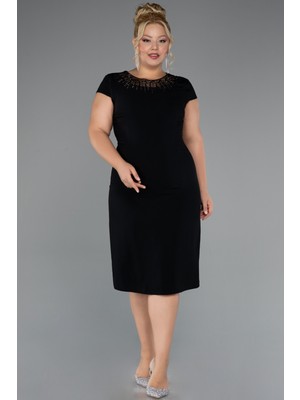 Abiyefon Yakası Taşlı Kısa Kol Midi Büyük Beden Abiye ABK2445