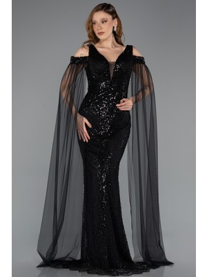 Abiyefon Pelerin Kol Omuz Dekolteli Taşlı Uzun Abiye Elbise ABU5497