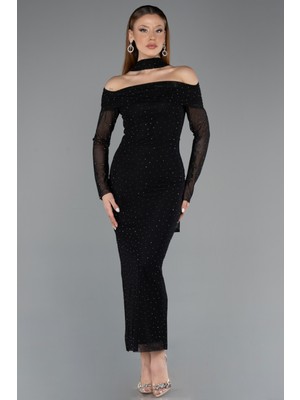 Abiyefon Kayık Yaka Uzun Kol Taşlı Midi Davet Elbisesi ABK2491
