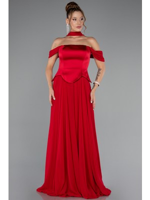 Abiyefon Kayık Yaka Saten Peplum Kesim Uzun Şifon Abiye ABU5327