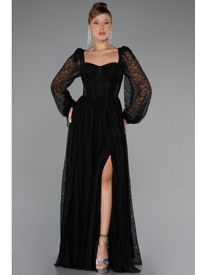 Abiyefon Dantelli Uzun Kol Bacak Dekolteli Abiye Elbise ABU5334