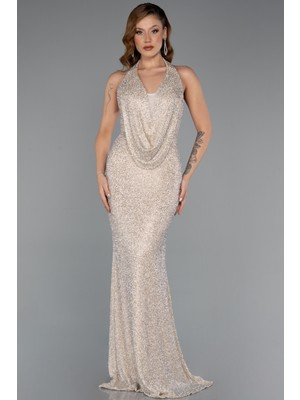 Abiyefon Sırt Dekolte Uzun Boncuklu Balık Abiye Elbise ABU5403