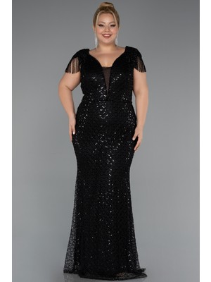 Abiyefon Boncuklu Kısa Kol V Yaka Uzun Büyük Beden Abiye ABU5367